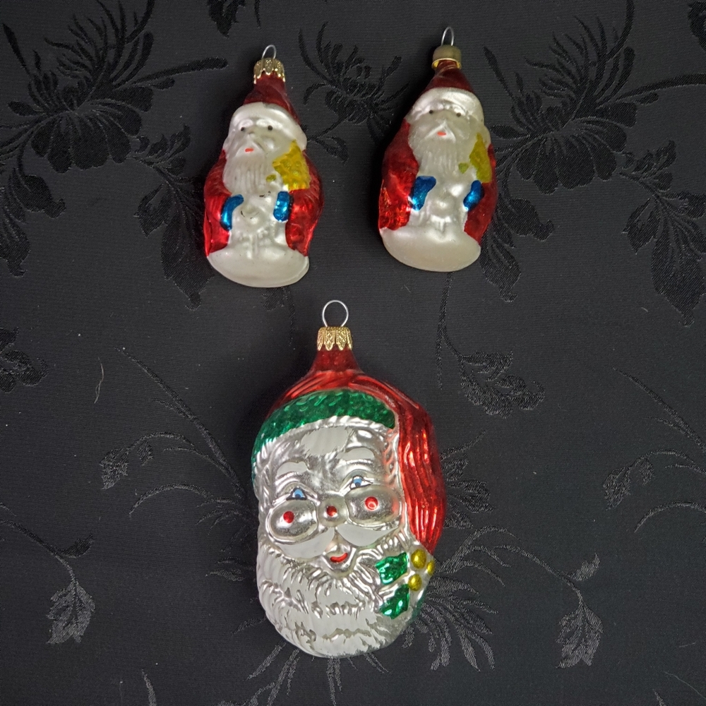 3 Santa Mercury Christmas Hand Blown Glass Ornaments Vintage Red Columbia 2.5"